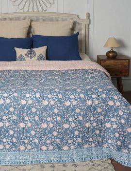 Blue block printed AC cotton Queen quilt