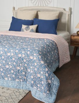 Blue block printed AC cotton Queen quilt