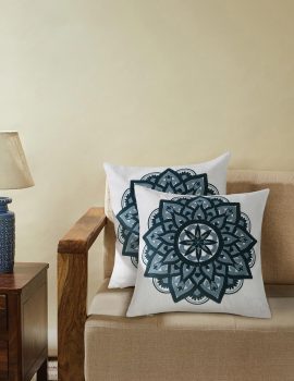 Set Of 2 – Blue Mandala Floral Embroidered Cushion Cover-