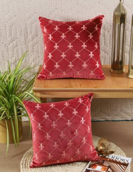 Set of 2 – Red Velvet Embroidered Sofa Cushion Cover – 16″x16″