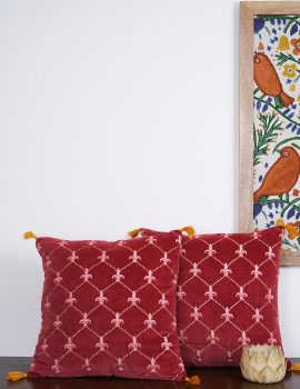 Set of 2 – Red Velvet Embroidered Sofa Cushion Cover – 16″x16″